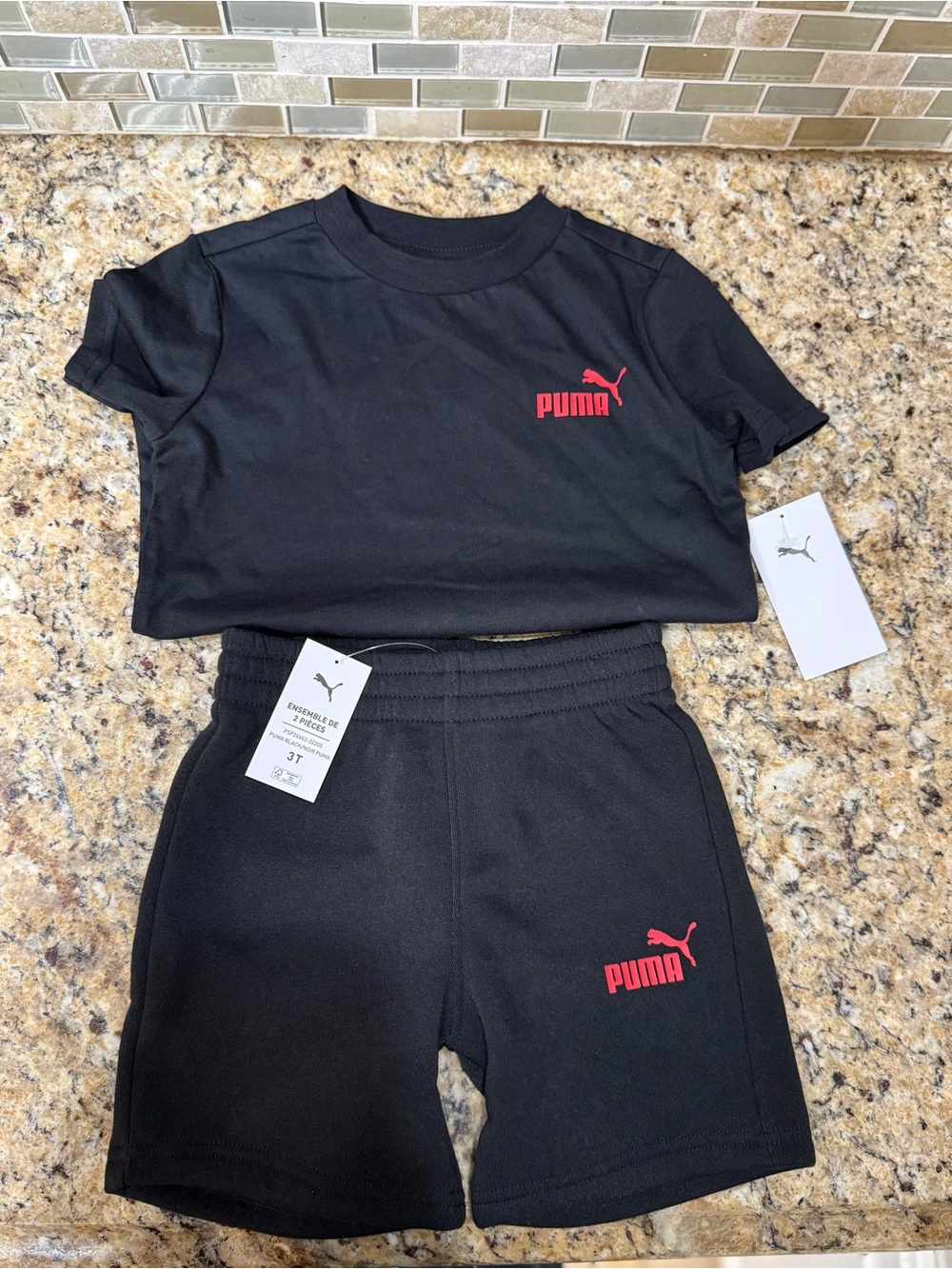 Puma Black Two-Piece Tee and Shorts Set with Red Logo
